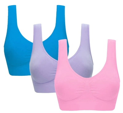 Women's Comfort Workout Sports Bra Low-Impact Activity Sleep Bras 5X-Large 3 Pack Blue Pink Light Purple